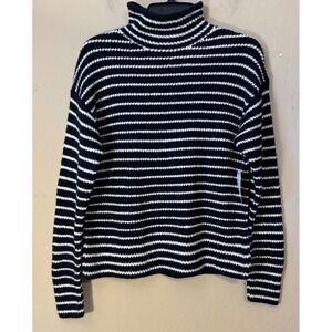 Time and Tru Sweater Women S Navy Blue White Striped Funnel Mock Neck NEW
